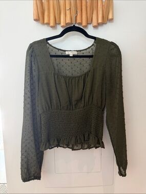 nine britton Olive Swiss Dot Smocked Blouse